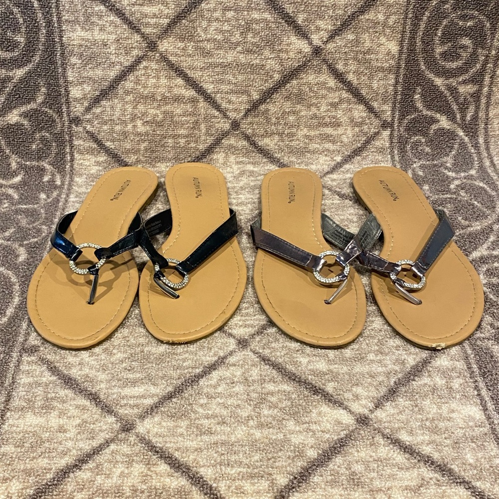 Black & Silver Sandals with Jeweled Accent Ring